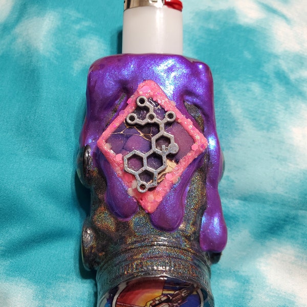 Lighter Case. Lighter Sleeve. 420. OOAK. Stash Lighter. Glow in the Dark. Floyd. Flowers. Pink. Wall. Sacred Molecule.