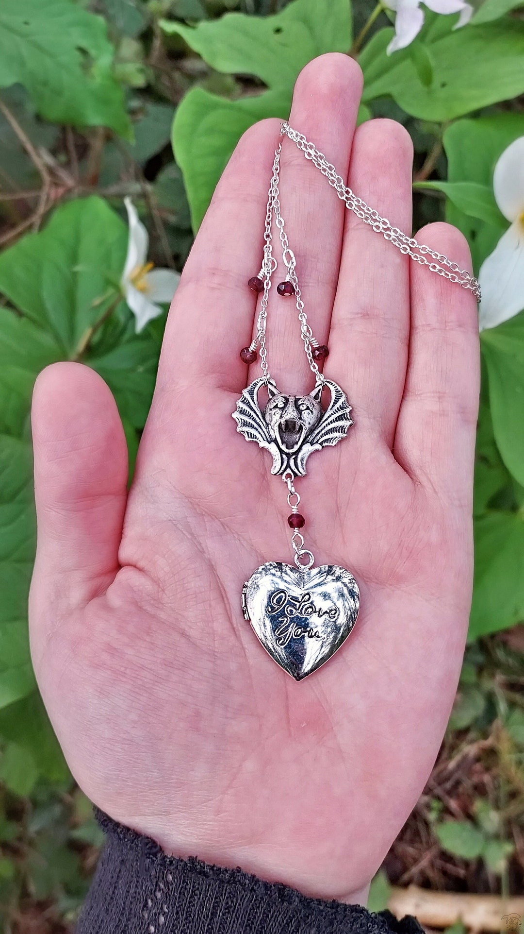 Bat & Locket Necklace With Garnet - Etsy