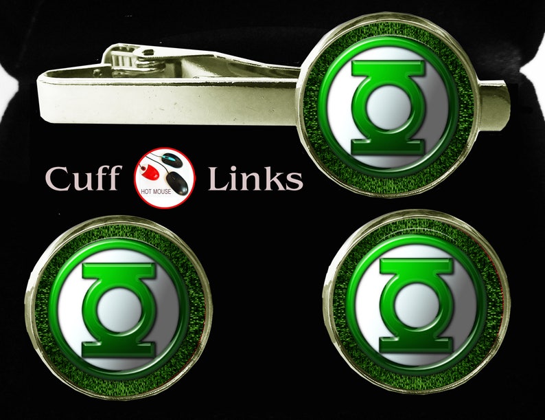 wedding boyfriend husbend groomsmen gift Green Lantern set cufflinks and tie clip superhero super hero heroes cufflinks tie clip tie bar