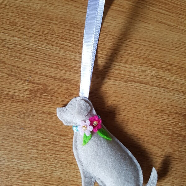 Felt Labrador bauble with flowers and blue collar