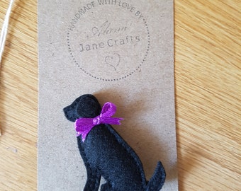 Felt black Labrador brooch purple bow