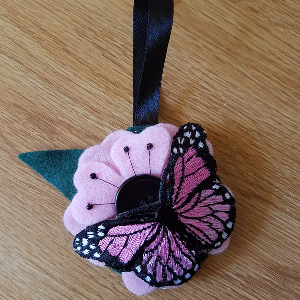 Felt flower and butterfly Christmas bauble in pale pink