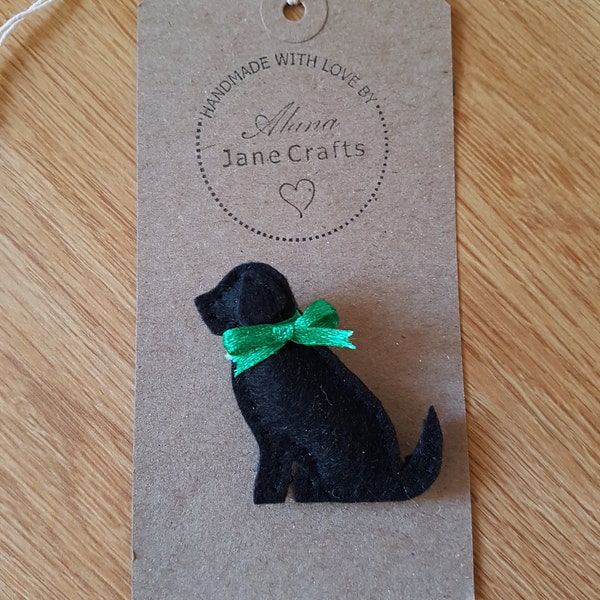 Felt black Labrador brooch green bow