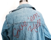 Embroidered Denim Shirt Made to Order Vintage Oversized Give Em Hell 70s 80s Sustainable Upcycled Festival Fashion