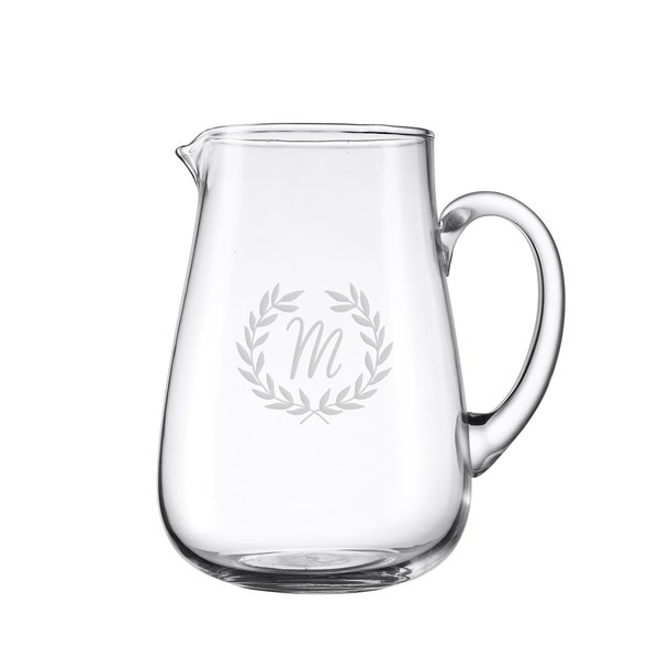 Glass pitcher with Monogram - Water Pitcher- Personalized Pitcher - rounded etched glass pitcher