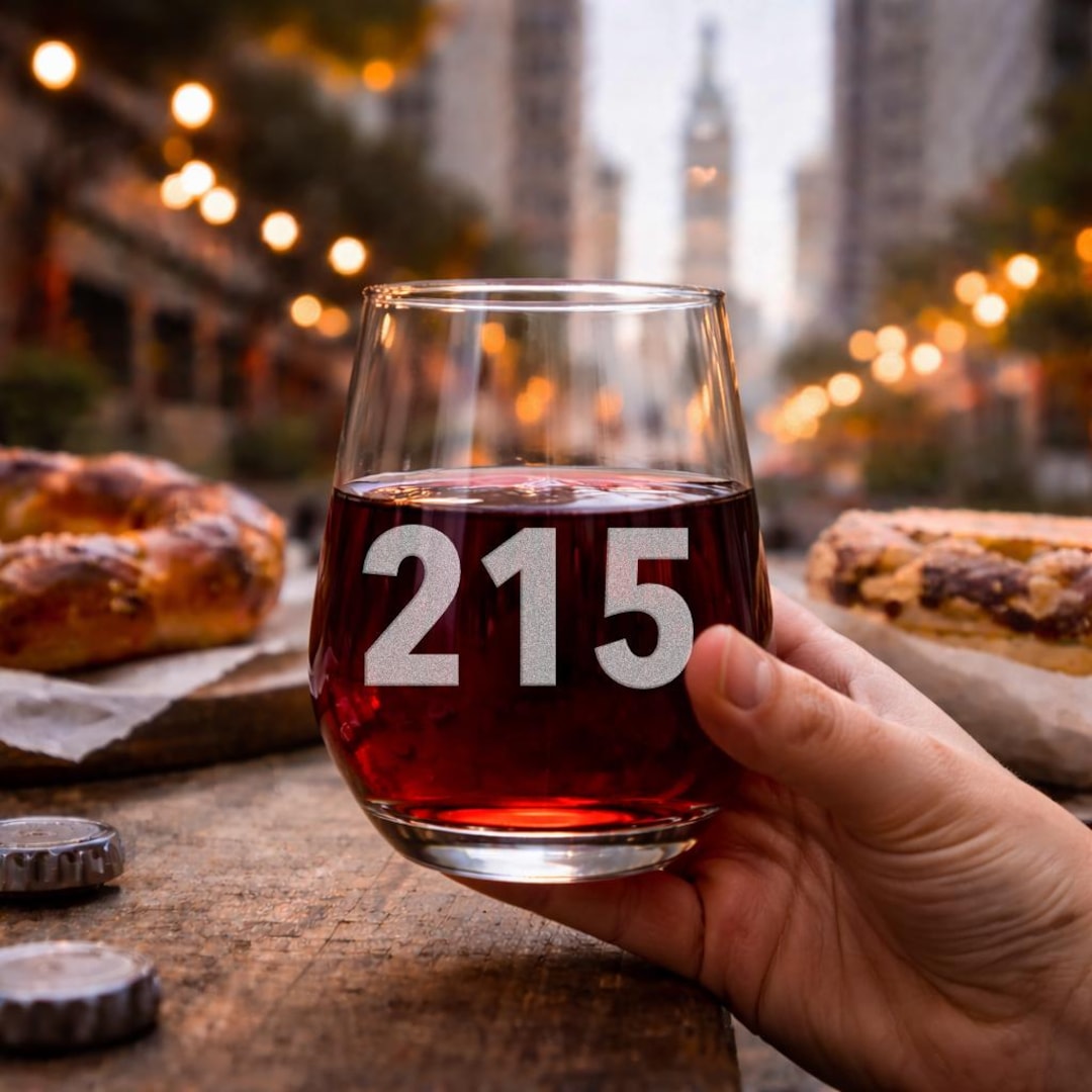215 Banner Code 215 Area Code Stemless Wine Glass – Sandblasted Philadelphia Etched ...