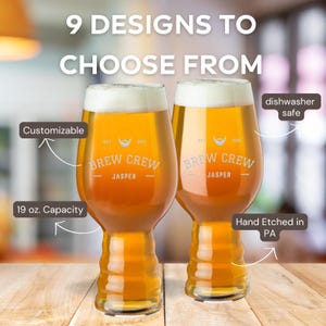 May include: Two beer glasses filled with beer and foam. The glasses have a unique shape and feature the text "BREW CREW JASPER" with a beard graphic. The glasses are customizable and have a 19 oz. capacity. The text "9 DESIGNS TO CHOOSE FROM" is at the top.