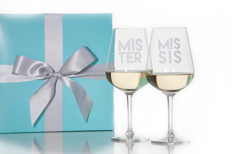 Set Of 2 Mister and Missis Stemmed Wine Glasses / Red Wine Glass / White Wine Glass / Wedding Gift / Couples Gift / Packaged in Gift Box image 1