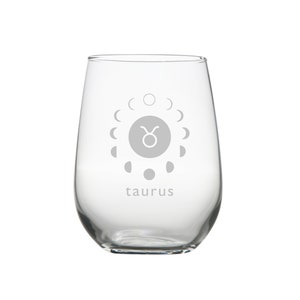 Taurus sign stemless wine glass Astrology gifts Zodiac glass Astrological sign glass Taurus moon phases birthday sign gift