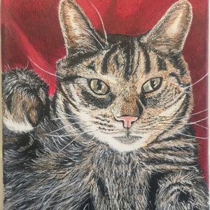 Puede incluir: Una pintura de un gato atigrado con ojos verdes, una nariz rosada y bigotes blancos. El gato está acostado con la pata levantada, y el fondo es de color rojo sólido.