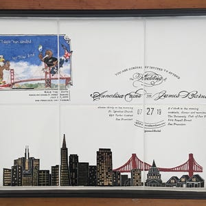 Puede incluir: Bandeja negra con una inserci&oacute;n blanca con el horizonte de San Francisco y detalles de boda. La inserci&oacute;n incluye ilustraciones del Golden Gate Bridge y personajes de dibujos animados. El texto incluye nombres, fecha y lugares.