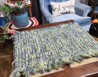 Lime green and navy table runner, 23x18 inches, narrow rag rug