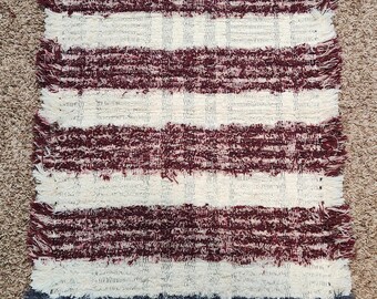 Handwoven Shaggy Rag Rug denim navy, burgundy and cream Recycled Fabric, 55x27 inches
