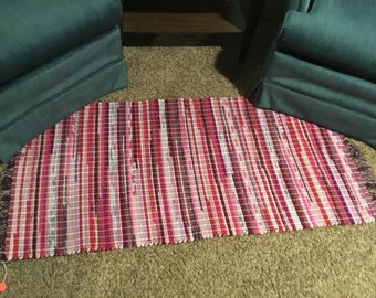 Shades of pink and burgundy rag rugs, handwoven rag rug