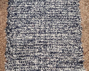 Handwoven Shaggy Rag Rug: navy blue Recycled Fabric, 28x25 Inches