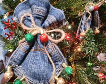 denim pocket angel Christmas ornament pair