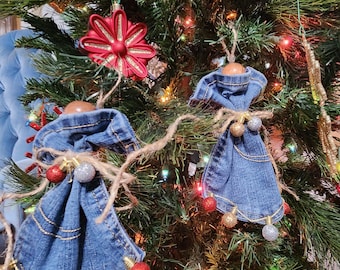 denim pocket angel Christmas ornament pair