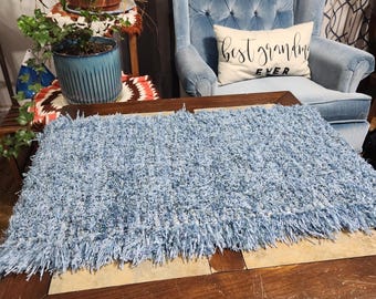 Sky blue table runner, 37x17 inches, narrow rag rug