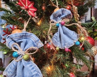 denim pocket angel Christmas ornament pair