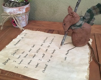 Primitive Mouse - Dear Santa Letter from Mousie - Handmade - Christmas Mouse - Holiday Room Decor - Holiday - Decoration - Christmas Letter