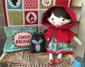 Little Red Riding Hood Cloth Doll Set WITH HOODED CAPE  , Child Friendly Cloth Doll ,  Stacy Iset Hsu Doll Panel , Fabric Doll , Rag Doll