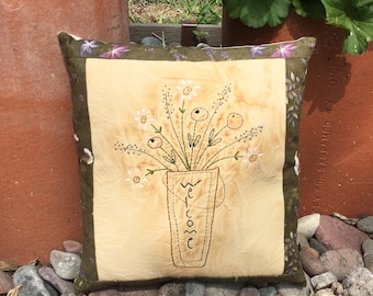 Decorative Floral Accent Pillow - Primitive Home Decor - House Warming Gift - Country Decor - Rustic decor - Hand Embroidered - Farmhouse