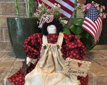 Handmade Primitive Patriotic Raggedy Ann Doll - Americana Pin - Americana Folk Art - Primitive Patriotic - USA - Patriotic Room Accent