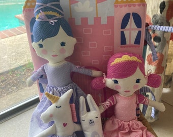 Once Upon A Time Princess Doll Set with Fabric Castle Book - 6 pieces- Stacy Iset Hsu Fabric Panel - Child Friendly Travel Cloth Doll Set
