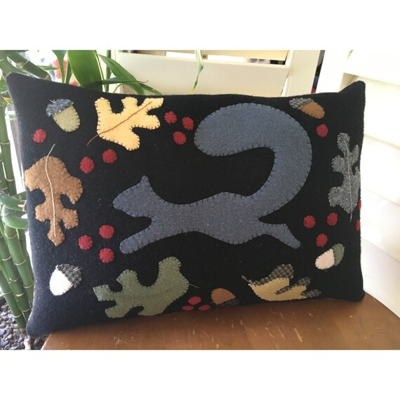 Wool Applique Pillow - Autumn Scene - 100% wool - Handmade - Fall Squirrel - Autumn - Fall Pillow - Country Decor - Room Accent