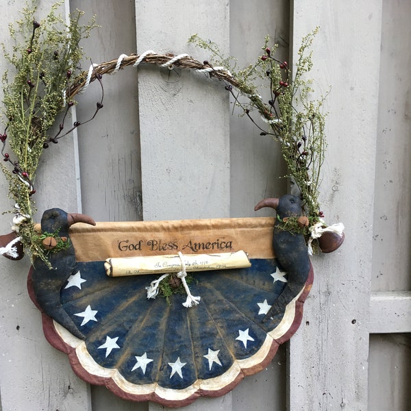 Handmade Primitive Americana - Primitive Flag Bunting - Patriotic Hanger - Liberty Bell - Grapevine Wreath - Folk Art - Summer Crows