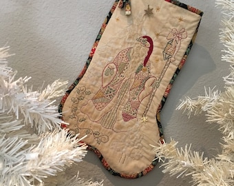 Hand-Embroidered Santa Christmas Stocking, Embroidered Holiday Stocking,  Christmas Wall Art , Patchwork St. Nicholas Mantle Display