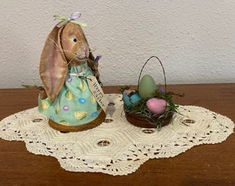 Easter Thyme Bunny with Primitive Easter Basket - Primitive Easter Decoration - Easter Table Decor - Painted Wooden Eggs - Spring Bunny