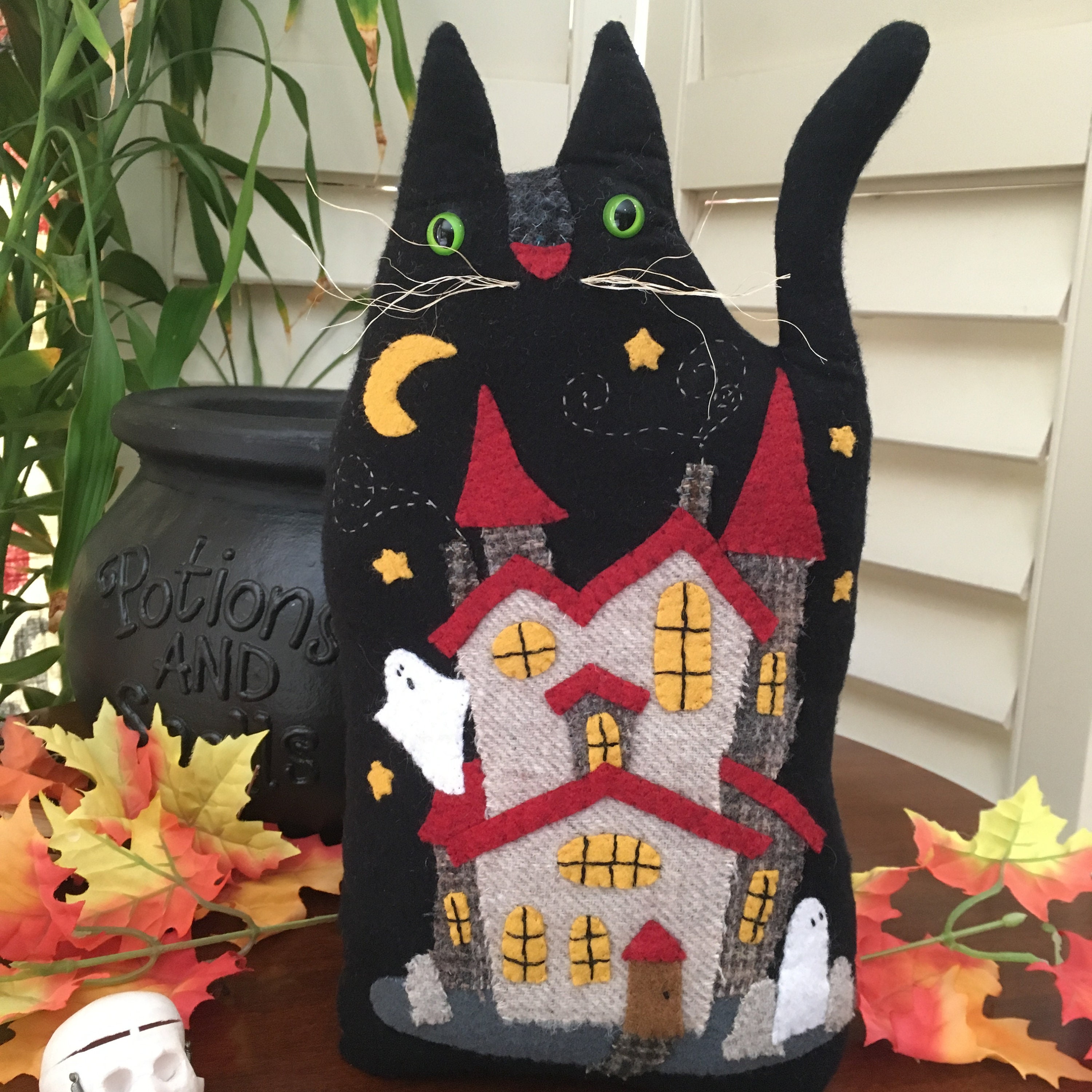 Halloween Cat Pillow Haunted House Pillow Embroidered Cat Etsy