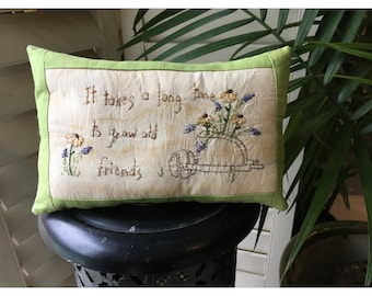 Hand-embroidered Friendship Pillow - Decorative Room Accent  - Handmade Spring Pillow - Floral Decor - Country Decor - Farmhouse Accent