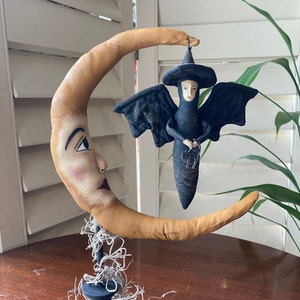 Handmade Primitive Man in the Moon with Witch - Halloween Display - Fall Table Decoration - Handmade Halloween Decor