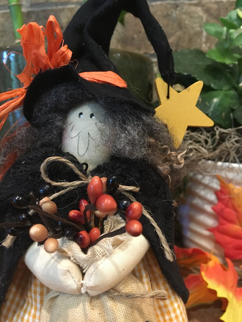 Two Handmade Primitive Witches Whimsical Country Halloween Decor Farmhouse Halloween Table Decor Spells and Potions Spooky Folk Art image 8