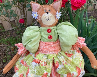 Primitive Spring Cat Doll - Folk Art- Handmade Room Decor - Handmade Shelf-Sitting Spring Cat - Spring Painted Cat - Dandi-Annie Fabric Cat