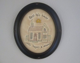 Bless This House Embroidered Wall Art - Framed Wall Art - Country Room Accent - Cottage Stitchery - Table Display - Cottage Decoration