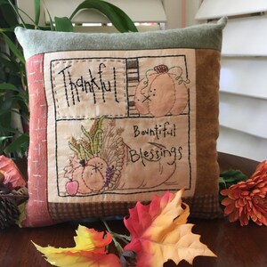 Hand Embroidered Thanksgiving Sampler Pillow- Fall Country Decor - Thanksgiving Embroidery - Handmade Fall Room Accent - Pumpkin - Chalk Art