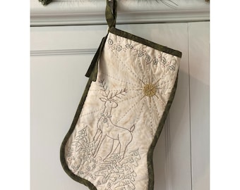 Hand-Embroidered Deer Christmas Stocking , Deer Stocking Christmas Stocking , Embroidered Christmas Wall Art , Deer in the Forest  Wall Art