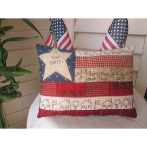 Embroidered Flag Pillow , American Flag Embroidered Pillow , Handmade Patriotic Folk Art  , Americana Home Decor , Summer Room Decoration