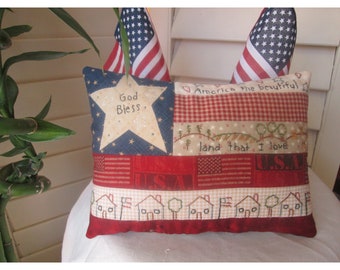 Hand-Embroidered Flag Pillow, American Flag Embroidered Pillow , Handmade Patriotic Folk Art  , Americana Home Decor, Summer Room Decoration