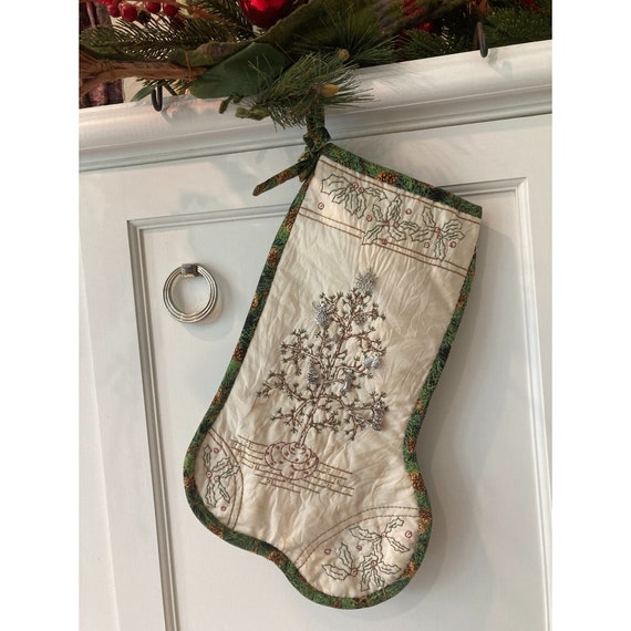 Hand-Embroidered Christmas Tree Stocking , Christmas Charms , Embroidered  Stocking , Holiday Wall Art , Primitive Wall Art , Room Decor