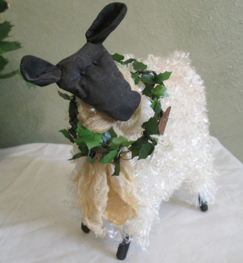 Primitive Sheep , Primitive Sheep with Wreath , Handmade Country Decor , Decorative Sheep , Summer Primitive Sheep , Farm Table Decor image 1