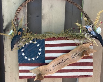 Handmade Primitive Americana Betsy Ross Flag Hanger -Patriotic Hanger - Liberty Bells - Grapevine Wreath - Folk Art Americana - Summer Crows