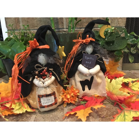 Two Handmade Primitive Witches - Whimsical Country Halloween Decor - Farmhouse Halloween Table Decor - Spells and Potions - Spooky Folk Art