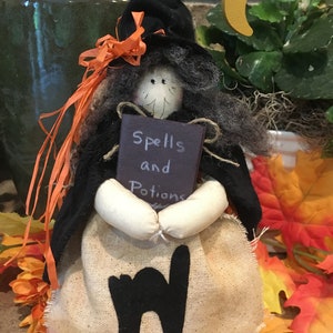 Two Handmade Primitive Witches Whimsical Country Halloween Decor Farmhouse Halloween Table Decor Spells and Potions Spooky Folk Art image 3