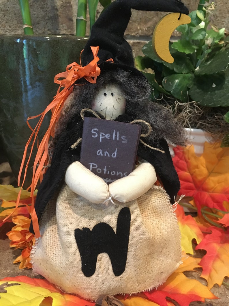 Two Handmade Primitive Witches Whimsical Country Halloween Decor Farmhouse Halloween Table Decor Spells and Potions Spooky Folk Art image 3