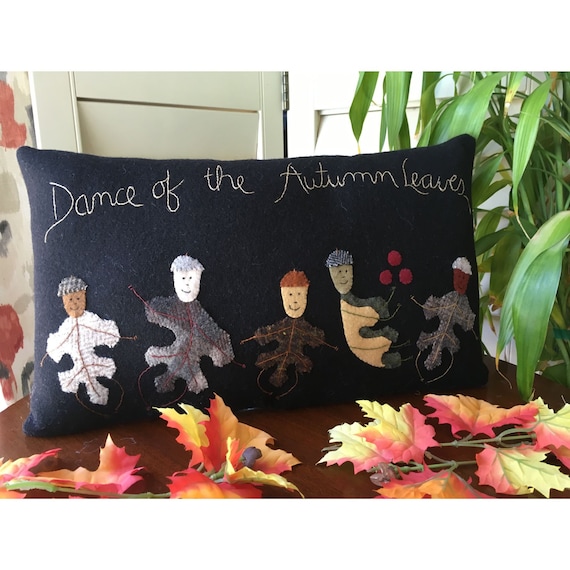 Handmade Autumn Wool Applique Pillow - All Through the Night Wool Applique - Autumn Leaves - Fall Decor - Country Room Accent - Farmhouse