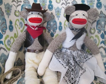 Monkey Sock Doll - Cowboy Sock Doll - Red Heel Sock Doll - Western Red Heel Sock Doll -Country/Western Decor - Western Shelf Sitter